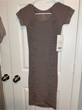 Aura Taupe Ruched Short Sleeve Midi Dress